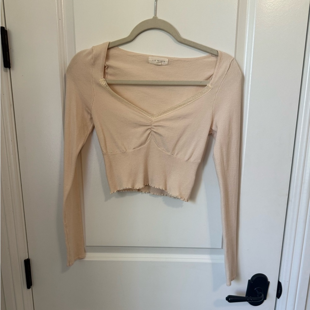 LA Hearts Cream Long Sleeve Top